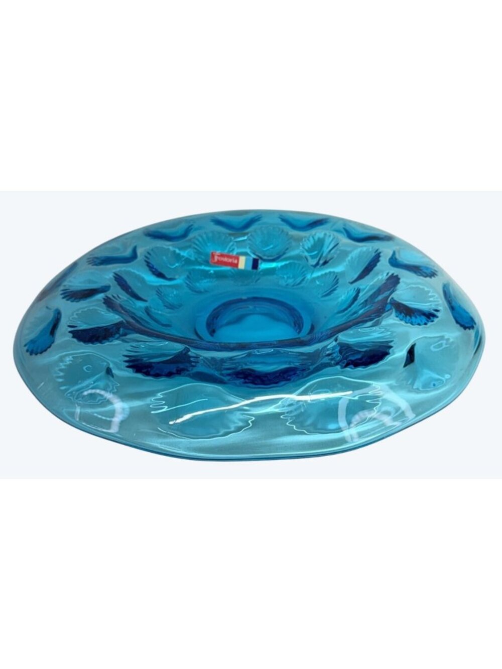 Fostoria Glass Sea Shells Hand Blown Copper Blue Rolled Low Bowl Original Label